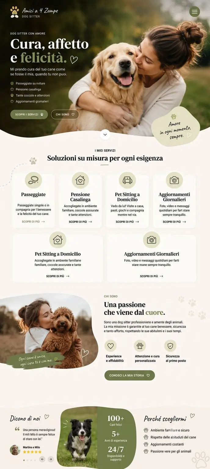 Esempio di sito web: Amici a 4 Zampe — Dog Sitter, versione mobile